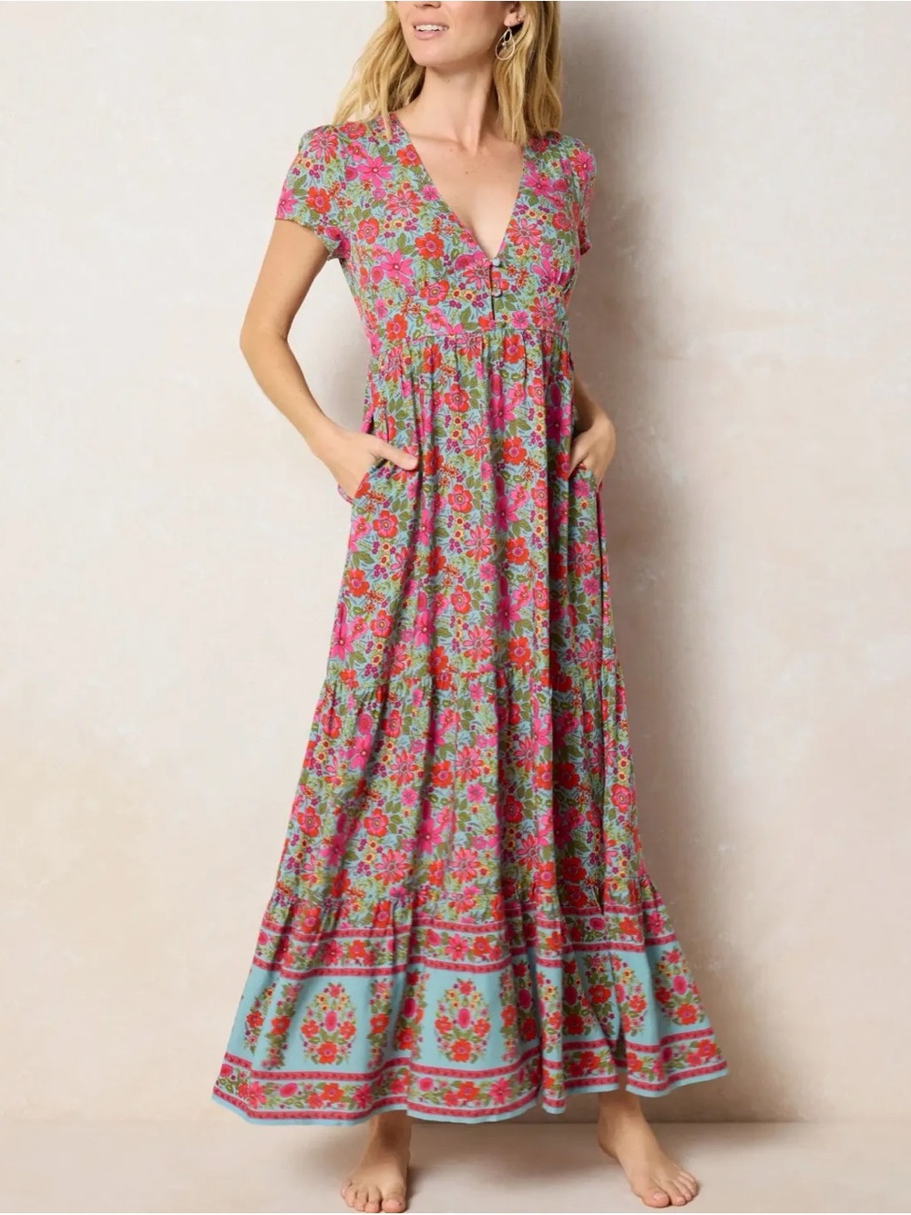 Natural Life Evangeline Floral V-Neck Maxi Dress in Pink and Aqua Small New